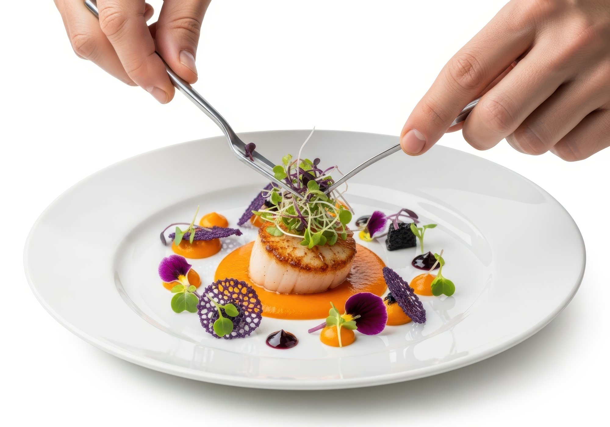 Chef prepara piatto gourmet in cucina moderna